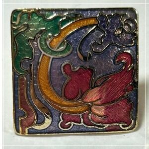 Vintage Cloisonne Enamel Floral Square Stud Earrings Gold Tone Art Nouveau Style